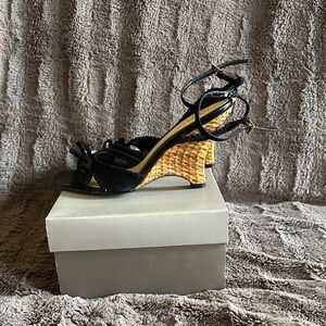 Franco Sarto Black Strappy Heels with Woven Tan Detail